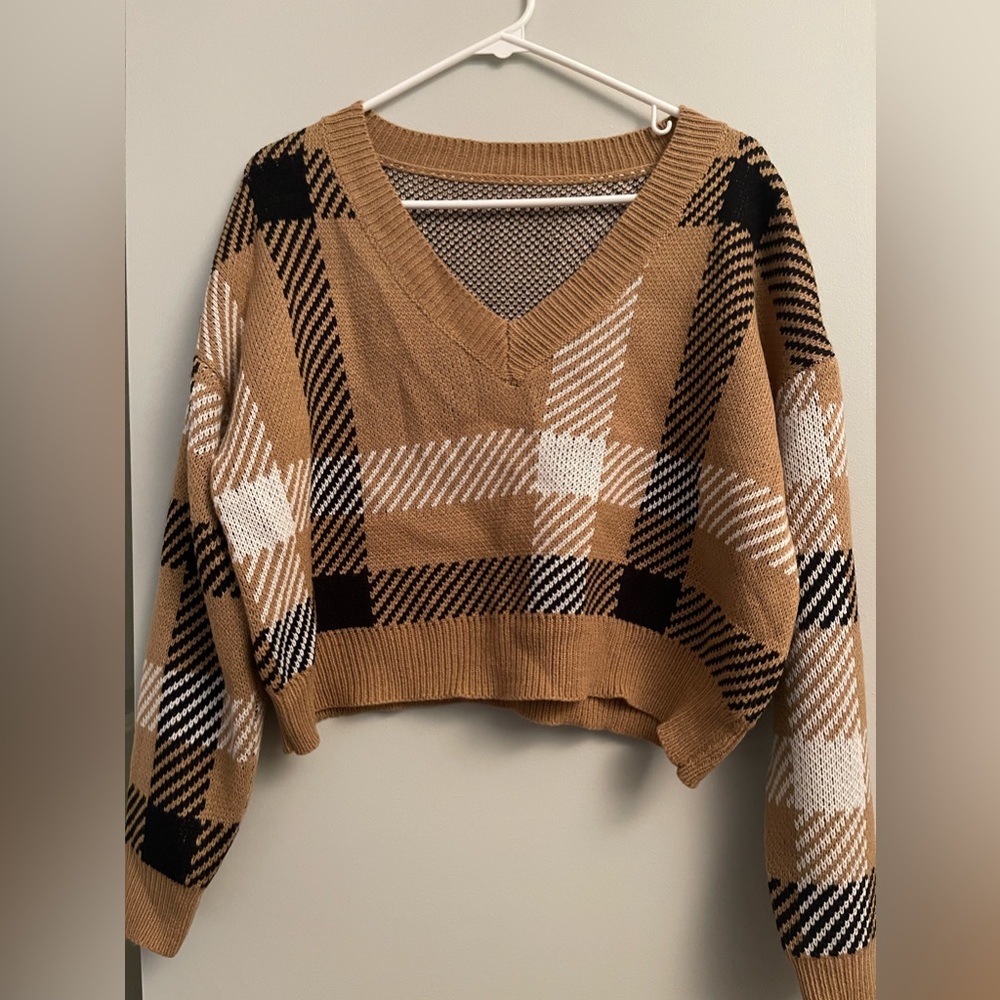 Plaid V-Neck Drop Shoulder Sweater